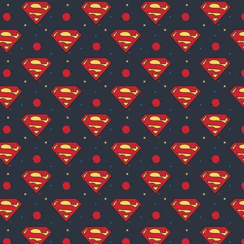 May include: A repeating pattern of red and yellow Superman logos on a dark blue background. The pattern is interspersed with small red and yellow circles.