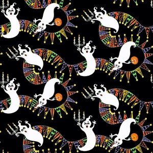 Tossed Geister und Wimpel in Schwarz Multi - Glow in the Dark - Teil der Hexennacht von Henry Glass Fabrics - Du bestimmst den Schnitt