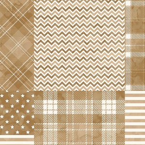May include: A digital paper pack with six different patterns. The patterns are a brown and white plaid, a brown and white chevron, a brown and white plaid, a brown and white striped, a brown and white star pattern, and a brown and white plaid.
