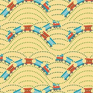 May include: A repeating pattern of toy trains on a light yellow background. The trains are red, blue, and brown, with each train consisting of an engine and several cars. The background features wavy lines of green dots.