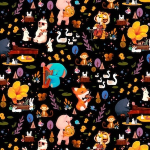 Forest Jam Main in Black part of the Woodland Musicians Line by Michael Miller Fabrics - You choose the cut
