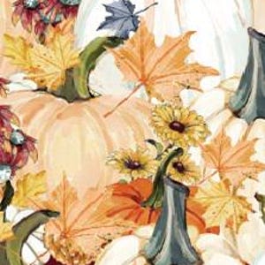 May include: A repeating pattern featuring orange and white pumpkins with green stems, interspersed with yellow and orange maple leaves and clusters of small dark red flowers with blue centers, creating a dense autumnal botanical illustration.