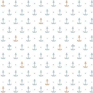 May include: A white background with a repeating pattern of blue anchors and small red dots. There are a few orange anchors scattered throughout the pattern.