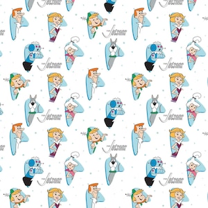 May include: A white background with a repeating pattern of the Jetsons family. The characters are in a blue and white design with the text "The Jetsons" in a blue and white font.
