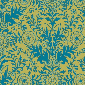 May include: A seamless pattern featuring a repeating design of teal blue floral motifs on a mustard yellow background.