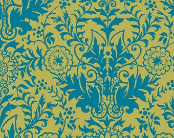 Lyla Damask Paloma in Blue and Olive - from Quilting Treasures - by the yard