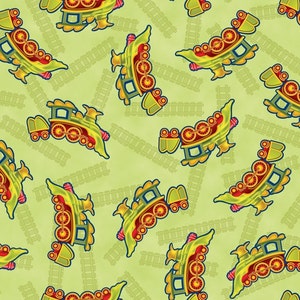 May include: A seamless pattern featuring a repeating design of cartoon trains on a light green background. The trains are yellow, green, and red with black wheels and gold accents. The trains are on a track with brown ties.