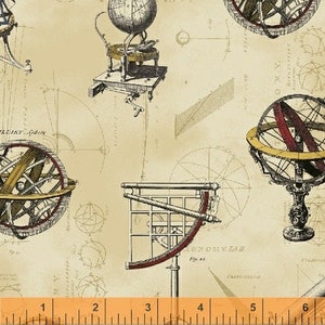Könnte beinhalten: Eine Illustration im Vintage-Stil mit verschiedenen wissenschaftlichen Instrumenten, darunter ein Himmelsglobus, ein Kompass und ein Sextant. Die Illustration ist auf einem beigefarbenen Hintergrund mit schwarzen und roten Akzenten gedruckt.