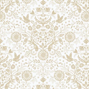 May include: A repeating pattern featuring a symmetrical design of stylized flowers, birds, and foliage in a muted gold color against a white background. The design includes detailed floral elements, birds in flight, and delicate leaf patterns, creating a classic, elegant aesthetic.