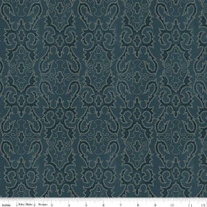 May include: Teal fabric with a repeating damask pattern. The design features dark teal and off-white embroidered-style detailing. The pattern is symmetrical and vertical, creating a classic, elegant look. The fabric is suitable for upholstery or crafting.