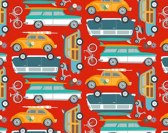 Cars in Red part of the Surf's Up line for Henry Glass Fabrics - your choice of cut