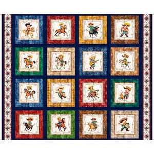 May include: A fabric panel featuring a repeating pattern of cowboy illustrations in square frames. Each frame showcases a different cowboy scene, with cowboys riding horses, playing guitar, and more. The background is a dark blue with a decorative border.