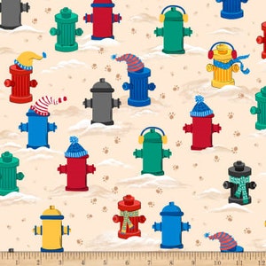 May include: A beige background with a repeating pattern of fire hydrants in various colors, including red, blue, green, yellow, and gray. Some fire hydrants have winter hats on them.