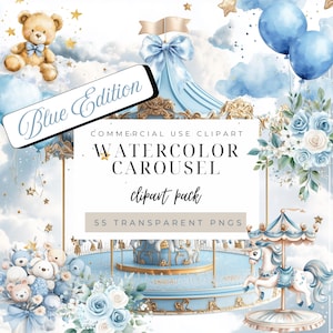 Carousel Blue Watercolor Clipart, Carousel Horse Art, Nursery Decor, Baby Shower, Carnival Pony, Birthday Graphics