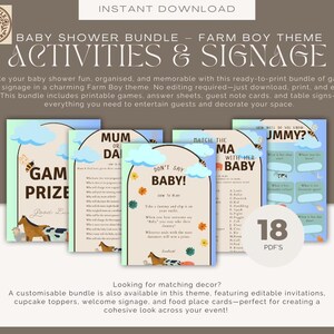 May include: A baby shower bundle with a farm boy theme. The image shows printable games, answer sheets, and table signs. The bundle includes 18 PDFs. The design features illustrations of a horse, cow, and bees, with the text "Activities & Signage."