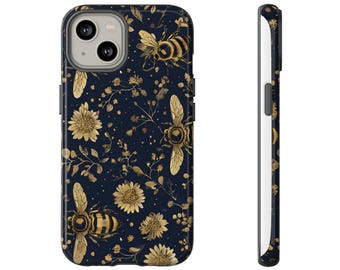 Golden Bees Floral Phone Case, Navy Protective Phone Cover