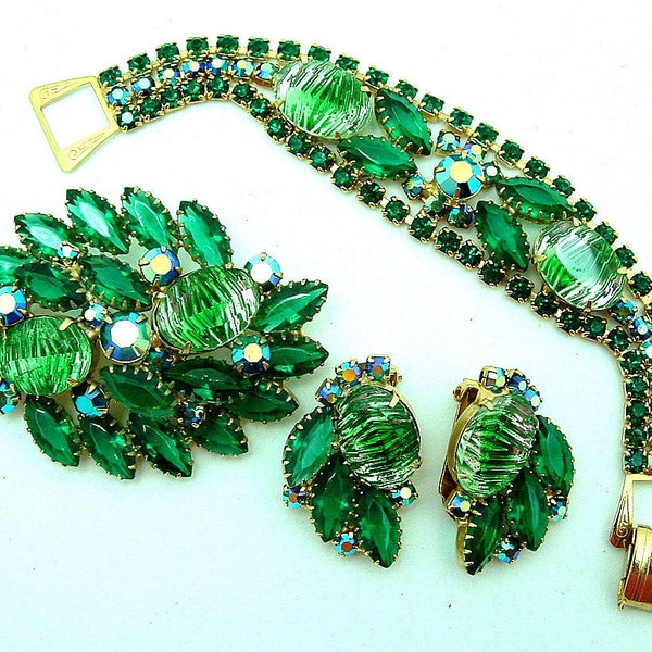 RESERVED For DANA Vintage  Art Glass Parure Bracelet Brooch  Earrings Green Ribbed Cabochons And  AB Chatons