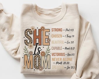 Christian Mom Sweatshirt, She Is Mom Shirt, Bible Verse Mom Tee, Strong Chosen Beautiful Capable Shirt, Faith Based Mother’s Day Gift