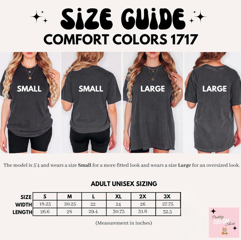 K&ouml;nnte beinhalten: Gr&ouml;&szlig;entabelle f&uuml;r Comfort Colors 1717 T-Shirts, mit Gr&ouml;&szlig;en f&uuml;r Erwachsene (Unisex) und Ma&szlig;en in Zoll. Modelle tragen die Gr&ouml;&szlig;en Small und Large. Der Text auf dem Bild lautet "SIZE GUIDE" und "COMFORT COLORS 1717".