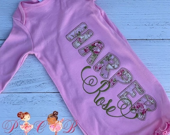 Embroidered Personalized Baby Gown, Ruffle Bottom, Floral Name Applique