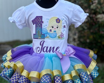 Mermaid Birthday Outfit-  Mermaid Birthday Tutu Set- Birthday Gift- Birthday Shirt- Birthday Tutu by Petals Couture