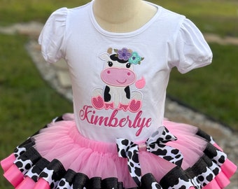 Personalized Cow Birthday Tutu Set, Embroidered Shirt, Farm Birthday Outfit