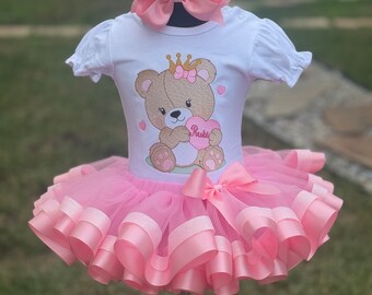 Sweet Bear Tutu Set Personalized Bear Birthday Outfit First Birthday Dress Embroidered Birthday Tutu Set Milestone Photoshoot Outfit