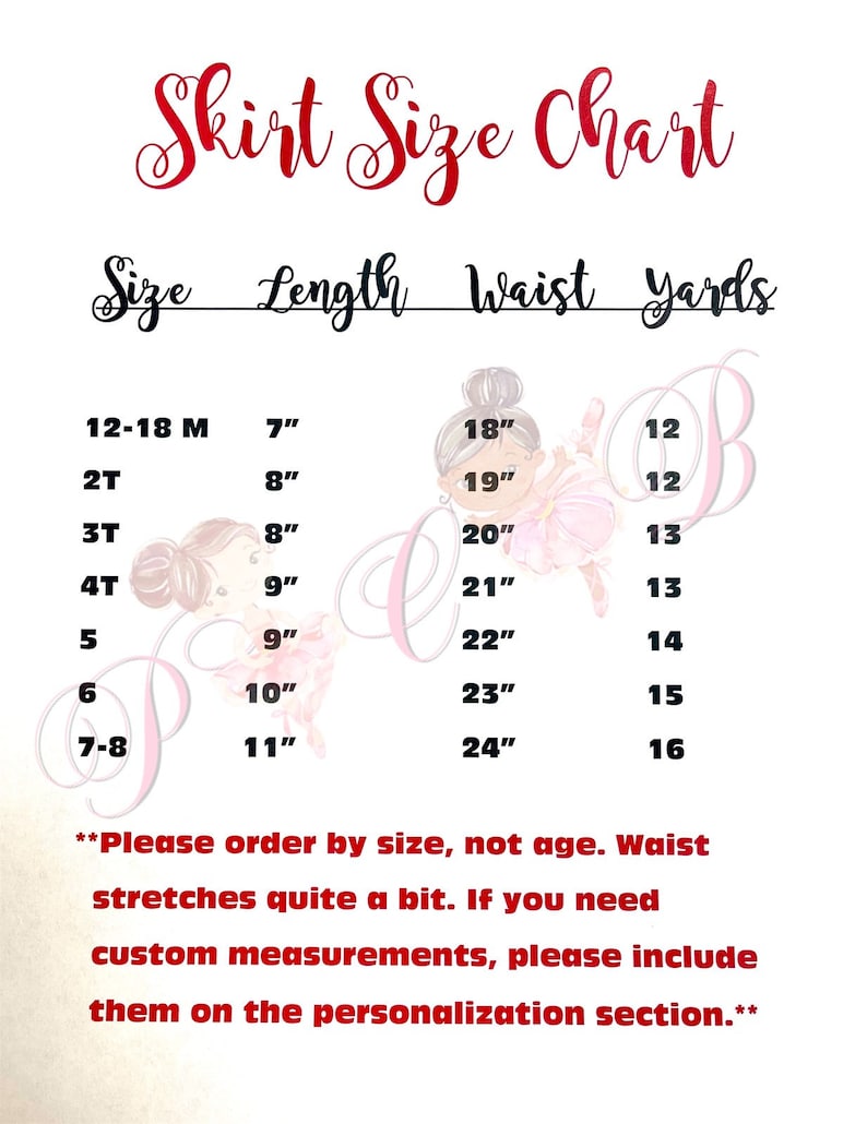 May include: A chart showing skirt sizes for children, with measurements in inches. The chart lists sizes from 12-18 months to 7-8 years, with corresponding skirt lengths, waist measurements, and yardage requirements. The text reads "Please order by size, not age. Waist stretches quite a bit. If you need custom measurements, please include them on the personalisation section."