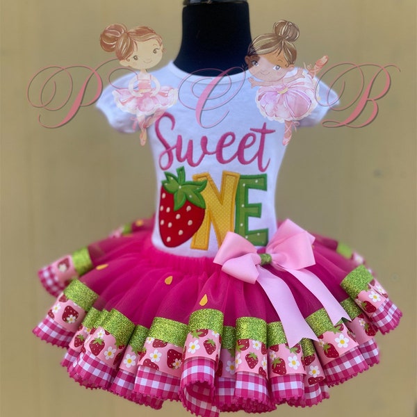 Strawberry Sweet One Birthday Outfit-  First Birthday Tutu Set- Birthday Outfit by Petals Couture