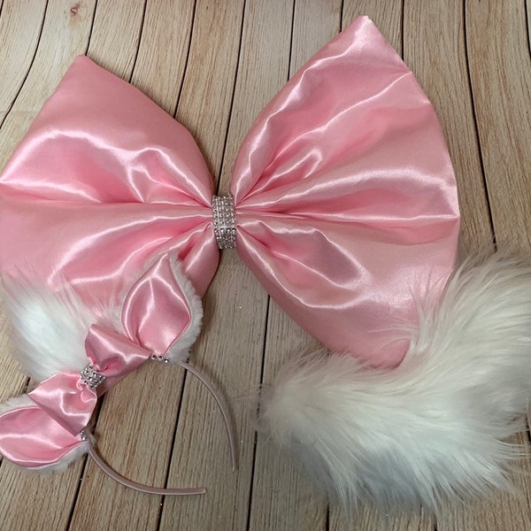 White Cat Miss Marie Accessories. Miss Marie Oversized Bow, Tail, And Ears Set. White cat accessory set by Petals Couture Boutique
