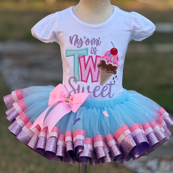 Ice Cream Two Sweet Birthday Outfit-  Second Birthday Tutu Set- Ice Cream Shirt- Birthday Shirt- Birthday Outfit by Petals Couture