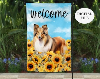 DIGITAL FILE, Sunflower Shetland Spring Welcome Garden Flag, PNG Sublimation Flag Design, Instant Digital Download, Sheltie Dog Floral jpg