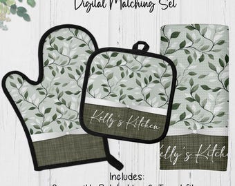 DIGITAL FILE, Sublimation Hand Towel & Potholder Design File: Sage Green Floral Kitchen Png Jpg, Digital Download