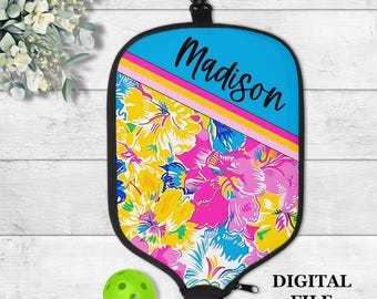 DIGITAL FILE, Sublimation Pickleball Paddle Cover Design, Pink Yellow Floral Paddle Cover, Pickleball Digital PNG, Pickleball Paddle Case