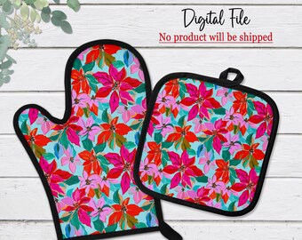 DIGITAL FILE, Pink Poinsettia Christmas Floral Oven Mitt & Pot Holder - Sublimation Design, Sublimation Digital Download Template