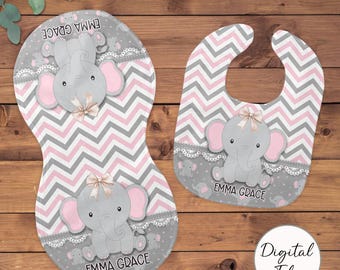 DIGITAL FILE, Pink Elephant Bib and Burp Cloth Set png, Sublimation bib Template, Pink Gray Pngs Bib Burp Cloth, Girls Baby Shower Gift