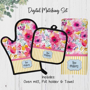 May include: A digital matching set comprising an oven mitt, pot holder, and towel. The items showcase a watercolour floral design in pink, yellow, and white. Each piece includes the text "The Millers" on a light blue label, with yellow and white stripes.