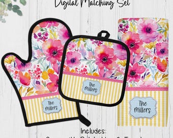 DIGITAL FILE, Sublimation Towel & Oven Mitt Set, Tea Hand Towel Digital Design, Floral Sublimation PNG File, Digital Download Kitchen