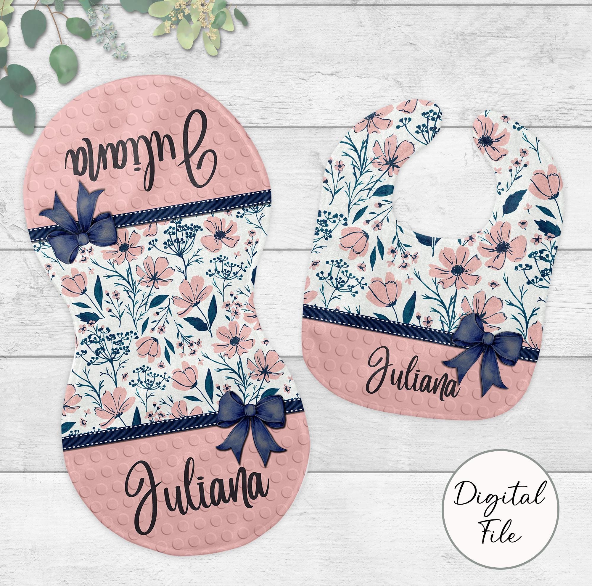 DIGITAL FILE, Floral Bib and Burp Cloth Set png, Monogram Sublimation Design Template, Pink Gray Pngs Bib Burp Cloth, Girls Baby Shower Gift