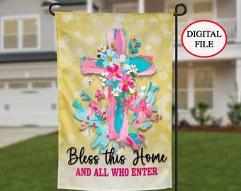 DIGITAL FILE, Sublimation Garden Flag PNG, Bless This Home Digital, Yard Flag File, Sublimation Template, Cross Garden Flag, Digital Flag