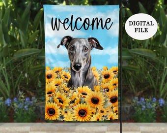DIGITAL FILE, Sunflower Italian Greyhound Welcome Garden Flag, PNG Sublimation Flag Design, Instant Digital Download, Greyhound Floral jpg