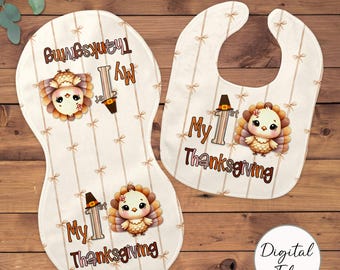 DIGITAL FILE, Baby's First Thanksgiving Bib Burp Cloth, 1st Thanksgiving Sublimation Template, Baby Girl Bib Burp Cloth PNG, Digital Turkey