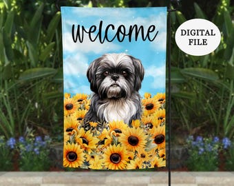 DIGITAL FILE, Sunflower Shih Tzu Spring Welcome Garden Flag, PNG Sublimation Flag Design, Instant Digital Download, Shih Tzu Floral jpg