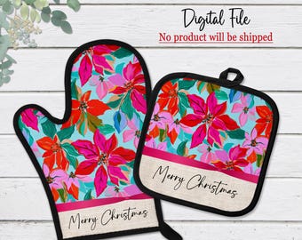 DIGITAL FILE, Pink Poinsettia Christmas Floral Oven Mitt & Pot Holder - Sublimation Design, Sublimation Digital Download Template