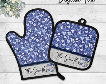 DIGITAL FILE, Blue Ditsy Floral Pot Holder & Oven Mitt Design File: Sublimation Kitchen Design Set, Digital Download