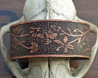 Art Nouveau Floral Bee Bracelet in copper cuff - insect jewelry, antique illustration