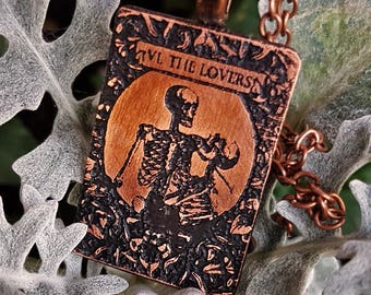 Skeletal Lovers Tarot Card Necklace - small - witch jewelry, occult fashion, divination skull tarot necklace