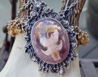 Taxidermy Rat Skull Shadowbox Necklace - Lavinia in Silver & Pink