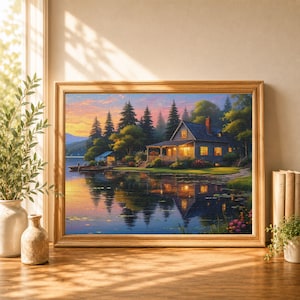以下が含まれることがあります： 夕暮れ時の湖畔の小屋を描いた額入り風景画。窓が明るく照らされた家、背の高い松の木、水面に映る景色が特徴です。空はオレンジ、ピンク、青の色合いで描かれており、小さなボートが浮かんでいます。