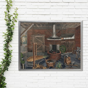 以下が含まれることがあります： 額縁に入った、鍛冶屋の作業場の内装を描いたプリント。レンガ造りの鍛冶場、煙突、道具、ふいごが描かれています。このアートワークはヴィンテージスタイルで、道具や作業場の内装の細部に焦点を当てています。